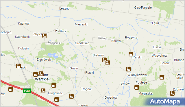 mapa Bielawy gmina Świnice Warckie, Bielawy gmina Świnice Warckie na mapie Targeo