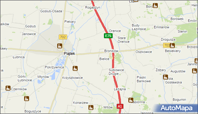mapa Bielice gmina Piątek, Bielice gmina Piątek na mapie Targeo