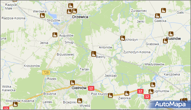 mapa Bieliny gmina Gielniów, Bieliny gmina Gielniów na mapie Targeo