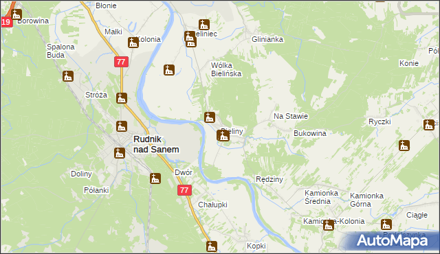 mapa Bieliny gmina Ulanów, Bieliny gmina Ulanów na mapie Targeo