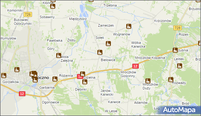 mapa Bielowice gmina Opoczno, Bielowice gmina Opoczno na mapie Targeo