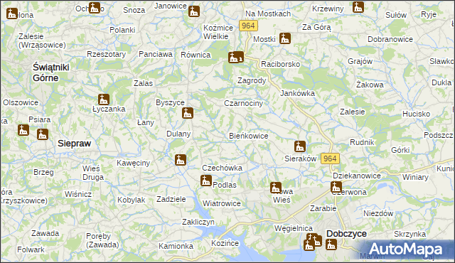 mapa Bieńkowice gmina Dobczyce, Bieńkowice gmina Dobczyce na mapie Targeo