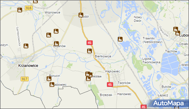 mapa Bieńkowice gmina Krzyżanowice, Bieńkowice gmina Krzyżanowice na mapie Targeo