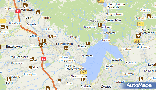 mapa Bierna gmina Łodygowice, Bierna gmina Łodygowice na mapie Targeo