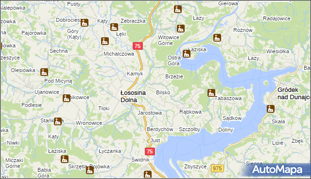 mapa Bilsko gmina Łososina Dolna, Bilsko gmina Łososina Dolna na mapie Targeo