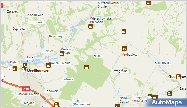 mapa Bilsko gmina Modliborzyce, Bilsko gmina Modliborzyce na mapie Targeo