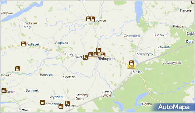 mapa Biskupiec powiat nowomiejski, Biskupiec powiat nowomiejski na mapie Targeo