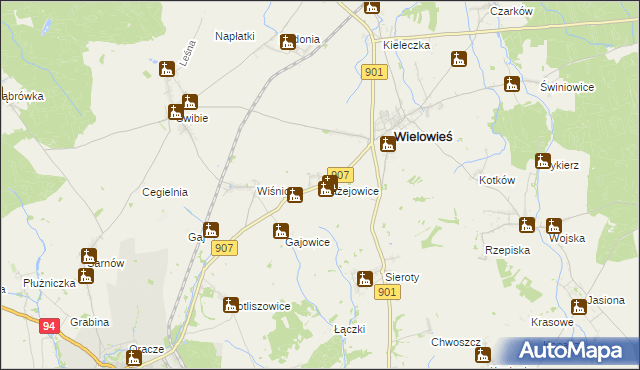 mapa Błażejowice gmina Wielowieś, Błażejowice gmina Wielowieś na mapie Targeo