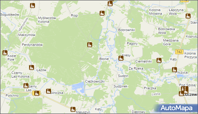 mapa Błonie gmina Wielgomłyny, Błonie gmina Wielgomłyny na mapie Targeo