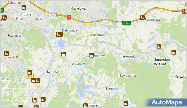 mapa Bobrów gmina Mysłakowice, Bobrów gmina Mysłakowice na mapie Targeo