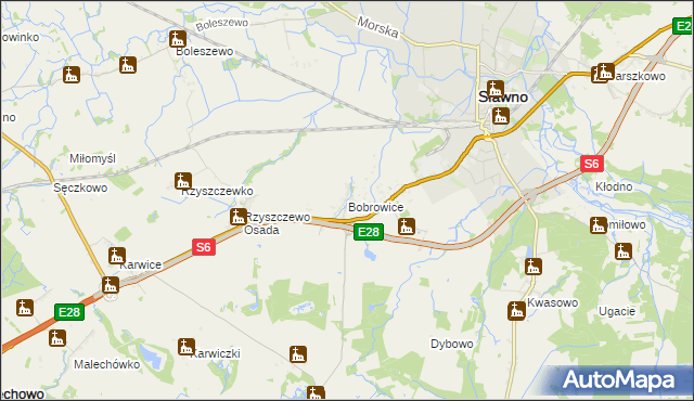 mapa Bobrowice gmina Sławno, Bobrowice gmina Sławno na mapie Targeo