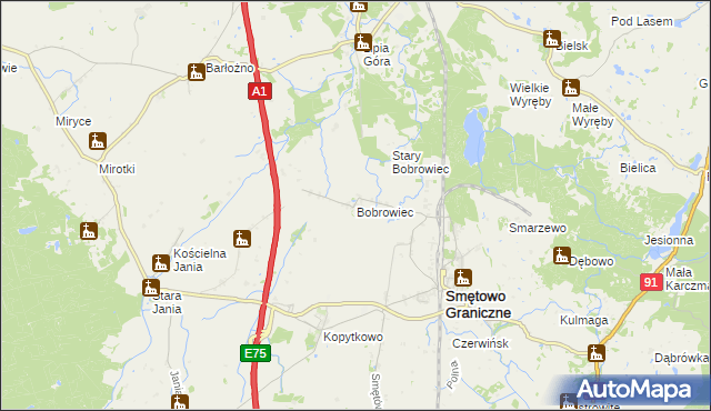 mapa Bobrowiec gmina Smętowo Graniczne, Bobrowiec gmina Smętowo Graniczne na mapie Targeo