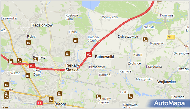 mapa Bobrowniki powiat będziński, Bobrowniki powiat będziński na mapie Targeo