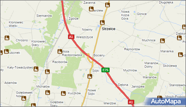 mapa Bociany gmina Strzelce, Bociany gmina Strzelce na mapie Targeo