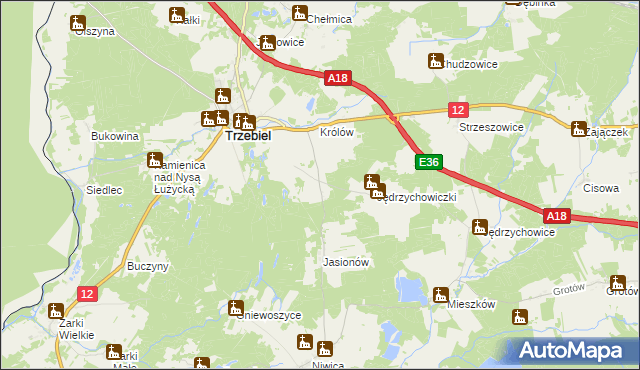 mapa Bogaczów gmina Trzebiel, Bogaczów gmina Trzebiel na mapie Targeo