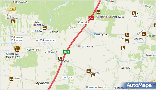 mapa Bogusławice gmina Kruszyna, Bogusławice gmina Kruszyna na mapie Targeo