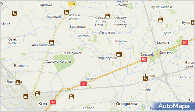 mapa Boguszyniec gmina Grzegorzew, Boguszyniec gmina Grzegorzew na mapie Targeo