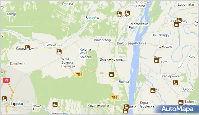 mapa Boiska-Kolonia gmina Solec nad Wisłą, Boiska-Kolonia gmina Solec nad Wisłą na mapie Targeo