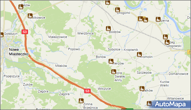 mapa Bonów gmina Bytom Odrzański, Bonów gmina Bytom Odrzański na mapie Targeo