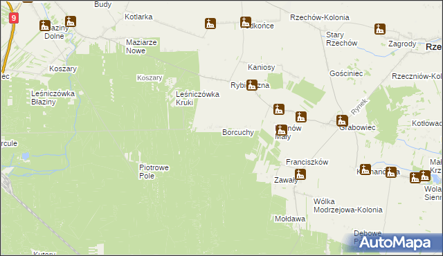 mapa Borcuchy gmina Rzeczniów, Borcuchy gmina Rzeczniów na mapie Targeo