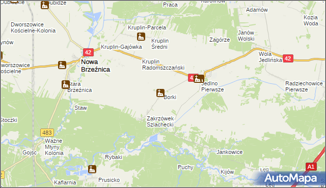 mapa Borki gmina Ładzice, Borki gmina Ładzice na mapie Targeo