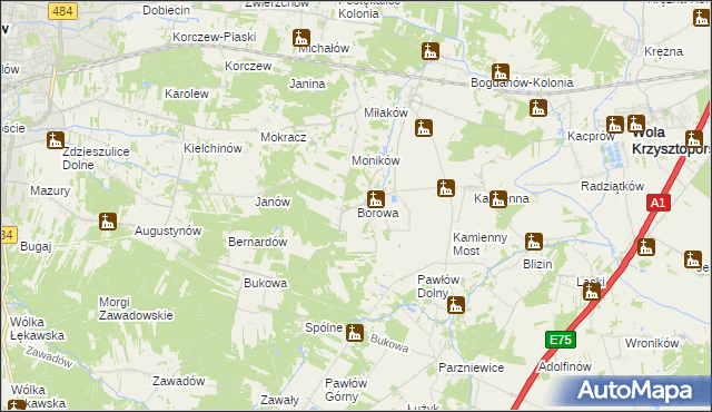 mapa Borowa gmina Wola Krzysztoporska, Borowa gmina Wola Krzysztoporska na mapie Targeo