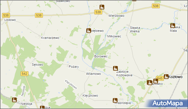 mapa Borowiec gmina Kozłowo, Borowiec gmina Kozłowo na mapie Targeo