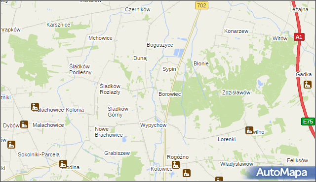 mapa Borowiec gmina Piątek, Borowiec gmina Piątek na mapie Targeo