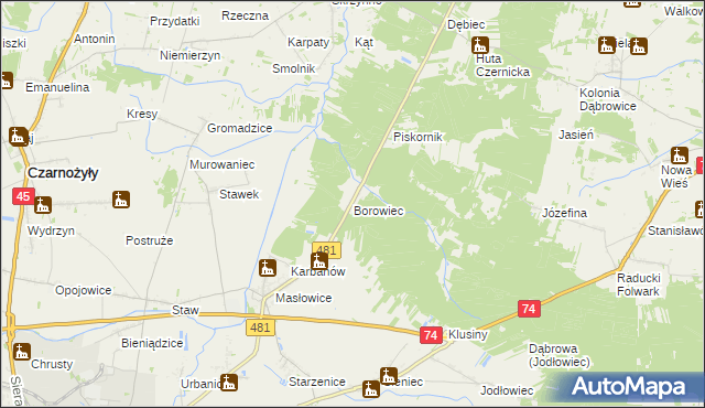 mapa Borowiec gmina Wieluń, Borowiec gmina Wieluń na mapie Targeo