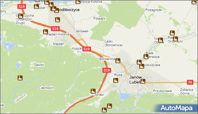 mapa Borownica gmina Janów Lubelski, Borownica gmina Janów Lubelski na mapie Targeo