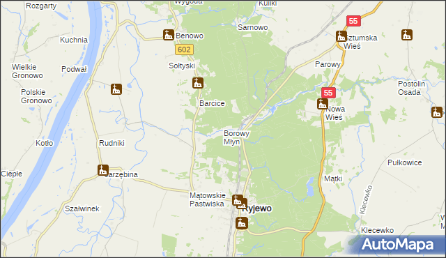 mapa Borowy Młyn gmina Ryjewo, Borowy Młyn gmina Ryjewo na mapie Targeo