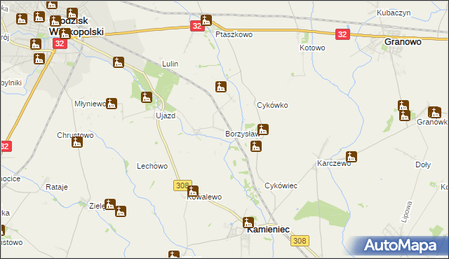 mapa Borzysław gmina Grodzisk Wielkopolski, Borzysław gmina Grodzisk Wielkopolski na mapie Targeo