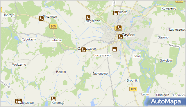 mapa Borzyszewo gmina Gryfice, Borzyszewo gmina Gryfice na mapie Targeo