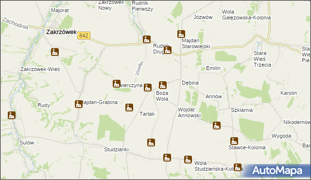 mapa Boża Wola gmina Zakrzew, Boża Wola gmina Zakrzew na mapie Targeo