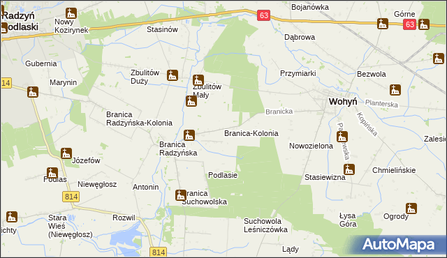 mapa Branica-Kolonia gmina Wohyń, Branica-Kolonia gmina Wohyń na mapie Targeo