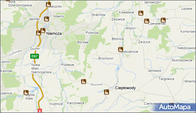 mapa Brochocin gmina Ciepłowody, Brochocin gmina Ciepłowody na mapie Targeo