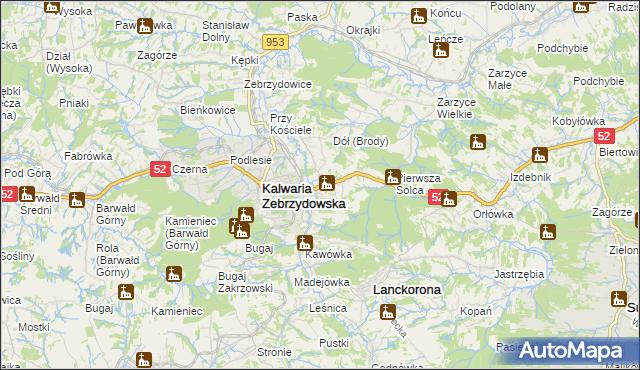 mapa Brody gmina Kalwaria Zebrzydowska, Brody gmina Kalwaria Zebrzydowska na mapie Targeo