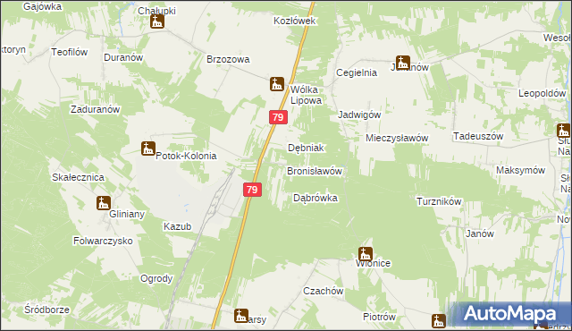 mapa Bronisławów gmina Tarłów, Bronisławów gmina Tarłów na mapie Targeo