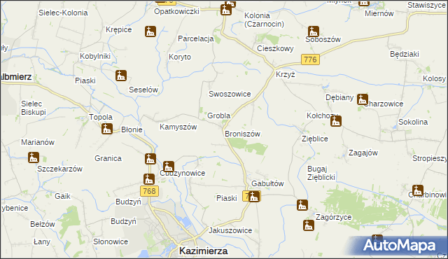 mapa Broniszów gmina Kazimierza Wielka, Broniszów gmina Kazimierza Wielka na mapie Targeo