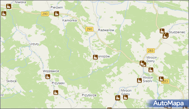mapa Broniszów gmina Kożuchów, Broniszów gmina Kożuchów na mapie Targeo