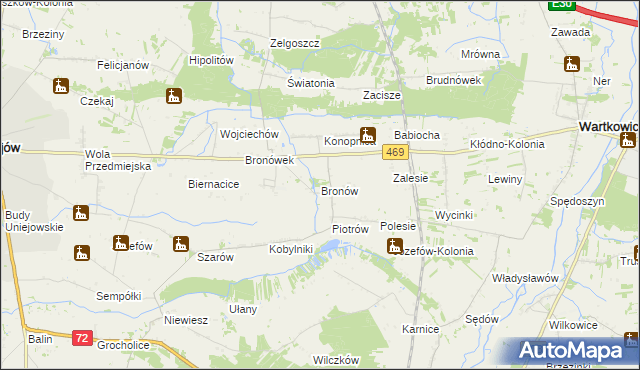 mapa Bronów gmina Wartkowice, Bronów gmina Wartkowice na mapie Targeo