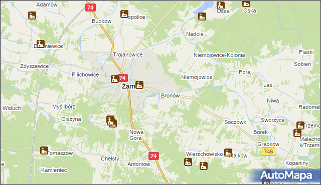 mapa Bronów gmina Żarnów, Bronów gmina Żarnów na mapie Targeo