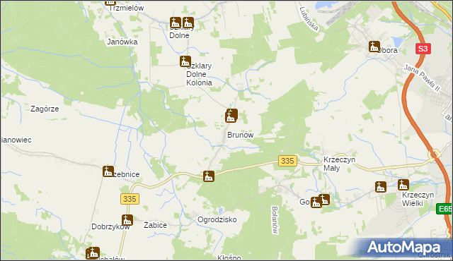 mapa Brunów gmina Chocianów, Brunów gmina Chocianów na mapie Targeo