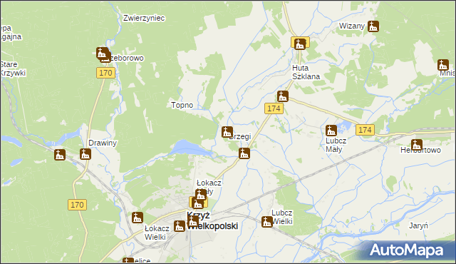 mapa Brzegi gmina Krzyż Wielkopolski, Brzegi gmina Krzyż Wielkopolski na mapie Targeo