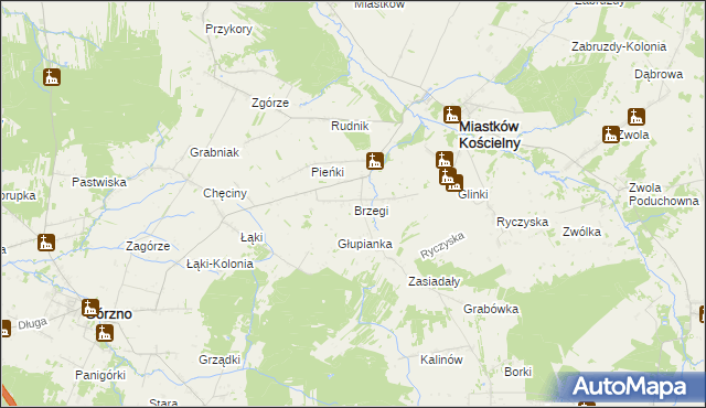 mapa Brzegi gmina Miastków Kościelny, Brzegi gmina Miastków Kościelny na mapie Targeo