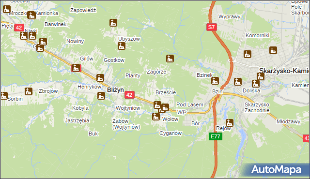 mapa Brzeście gmina Bliżyn, Brzeście gmina Bliżyn na mapie Targeo