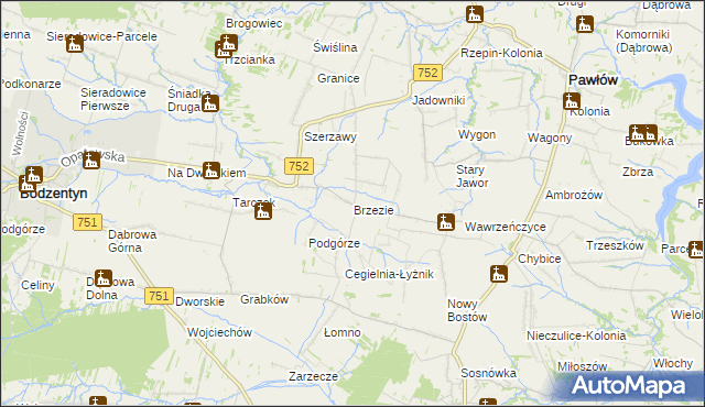 mapa Brzezie gmina Pawłów, Brzezie gmina Pawłów na mapie Targeo