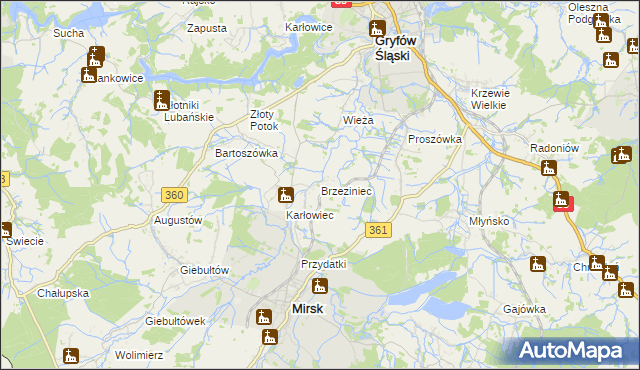 mapa Brzeziniec gmina Mirsk, Brzeziniec gmina Mirsk na mapie Targeo