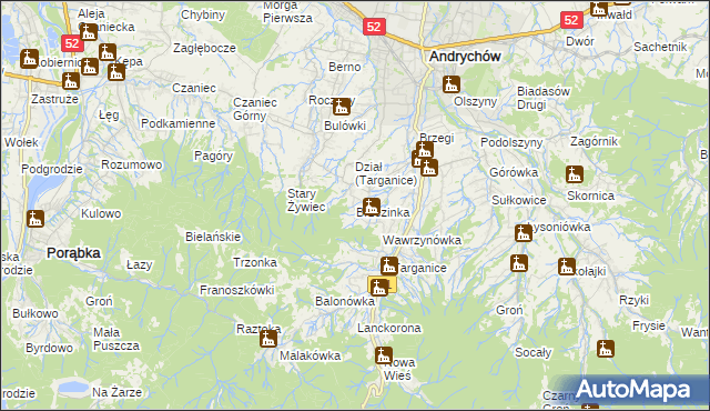 mapa Brzezinka gmina Andrychów, Brzezinka gmina Andrychów na mapie Targeo