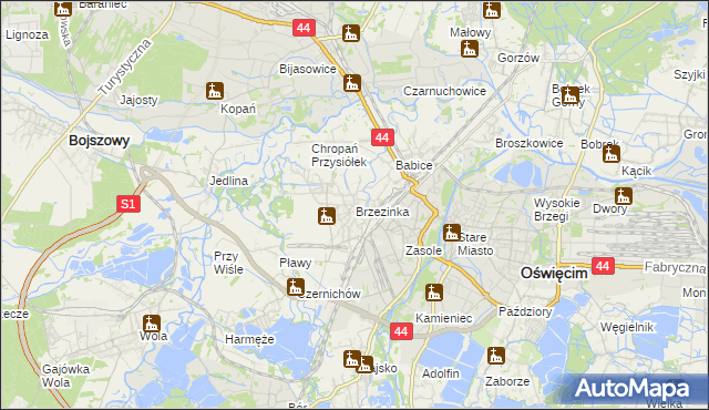 mapa Brzezinka gmina Oświęcim, Brzezinka gmina Oświęcim na mapie Targeo